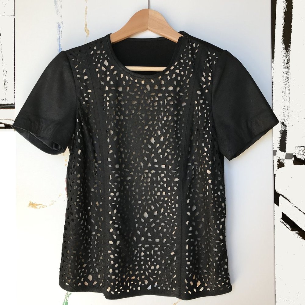 Laser Cut Mixed Media Leather Tee